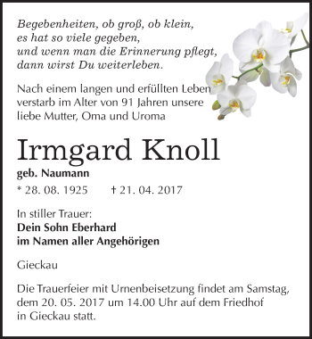 Traueranzeige von Irmgard Knoll von Mitteldeutsche Zeitung Naumburg/Nebra
