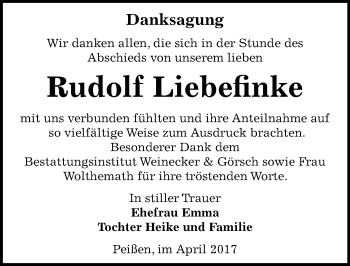Traueranzeige von Rudolf Liebefinke von Mitteldeutsche Zeitung Bernburg