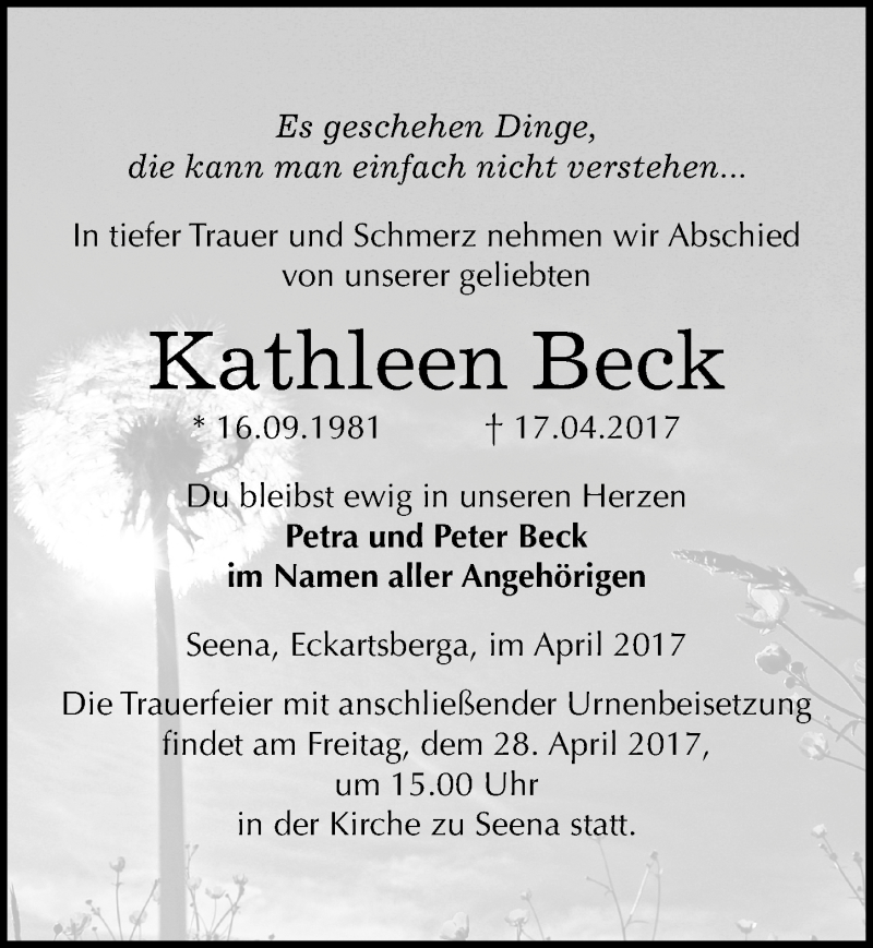  Traueranzeige für Kathleen Beck vom 22.04.2017 aus Mitteldeutsche Zeitung Naumburg/Nebra