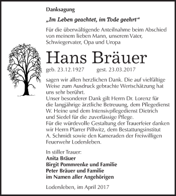 Traueranzeige von Hans Bräuer von Super Sonntag Halle