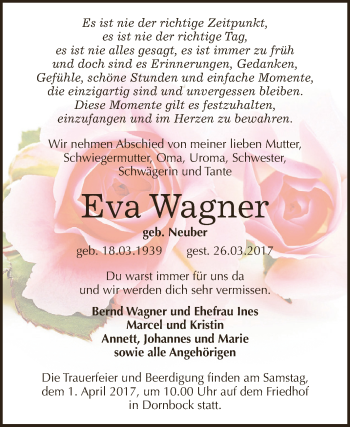 Traueranzeige von Eva Wagner von WVG - Wochenspiegel Dessau / Köthen