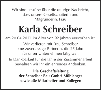 Traueranzeige von Karla Schreiber von Super Sonntag Wittenberg