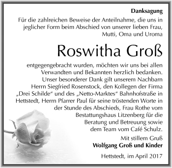 Traueranzeige von Roswitha Groß von Mitteldeutsche Zeitung Mansfelder Land