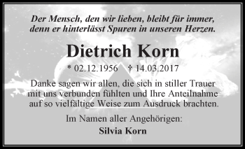 Traueranzeige von Dietrich Korn von Super Sonntag SGH Mansf. Land