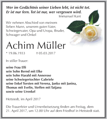 Traueranzeige von Achim Müller von Super Sonntag SGH Mansf. Land