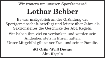 Traueranzeige von Lothar Bebber von Super Sonntag Dessau / Köthen