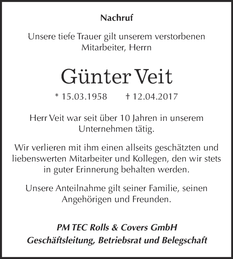  Traueranzeige für Günter Veit vom 29.04.2017 aus WVG - Wochenspiegel Merseburg