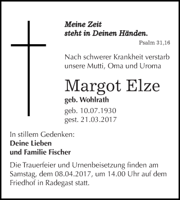 Traueranzeige von Margot Elze von WVG - Wochenspiegel Dessau / Köthen
