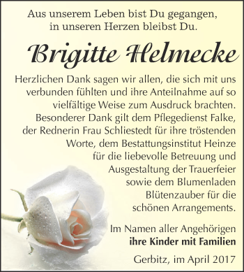 Traueranzeige von Brigitte Helmecke von Super Sonntag Bernburg
