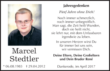 Traueranzeige von Marcel Stedtler von Mitteldeutsche Zeitung Quedlinburg