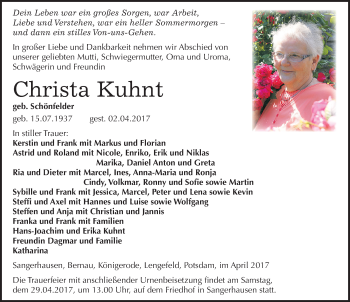 Traueranzeige von Christa Kuhnt von Mitteldeutsche Zeitung Sangerhausen