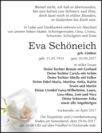 Traueranzeige von Eva Schöneich von Mitteldeutsche Zeitung Wittenberg