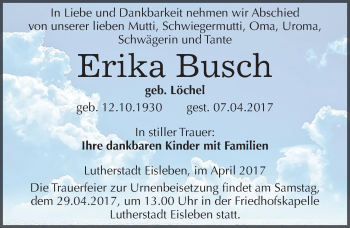 Traueranzeige von Erika Busch von Mitteldeutsche Zeitung Mansfelder Land