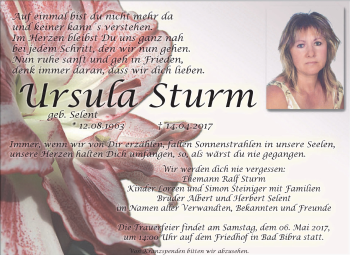 Traueranzeige von Ursula Sturm von WVG - Wochenspiegel NMB / WSF / ZTZ