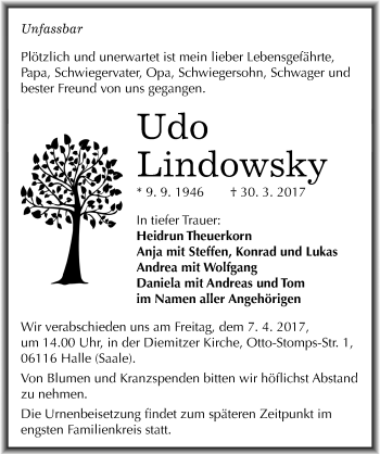 Traueranzeige von Udo Lindowsky von Mitteldeutsche Zeitung Halle/Saalkreis