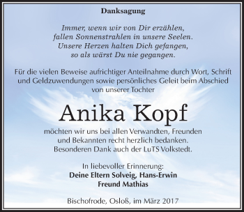 Traueranzeige von Anika Kopf von Mitteldeutsche Zeitung Mansfelder Land