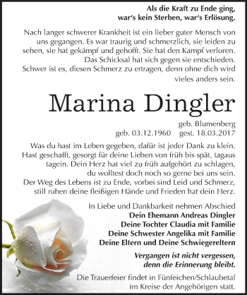 Traueranzeige von Marina Dingler von Mitteldeutsche Zeitung Bernburg