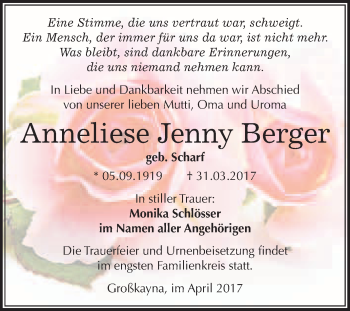 Traueranzeige von Anneliese Jenny Berger von Super Sonntag Halle