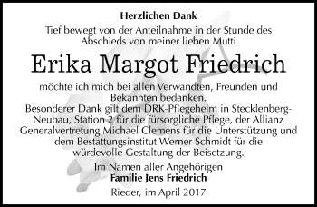 Traueranzeige von Erika Margot Friedrich von Mitteldeutsche Zeitung Quedlinburg