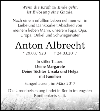Traueranzeige von Anton Albrecht von Super Sonntag SGH Mansf. Land
