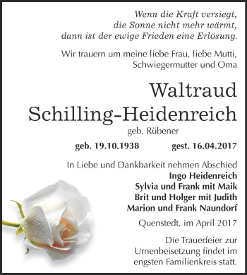 Traueranzeige von Waltraud Schilling-Heidenreich von Wochenspiegel Mansfelder Land