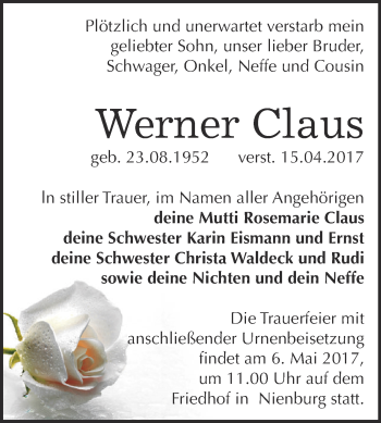 Traueranzeige von Werner Claus von Super Sonntag Bernburg