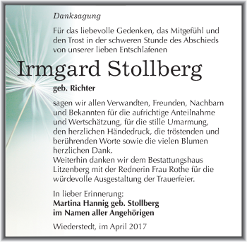 Traueranzeige von Irmgard Stollberg von Mitteldeutsche Zeitung Mansfelder Land