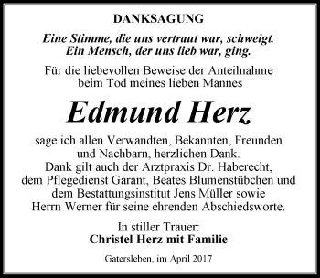 Traueranzeige von Edmund Herz von Mitteldeutsche Zeitung Aschersleben
