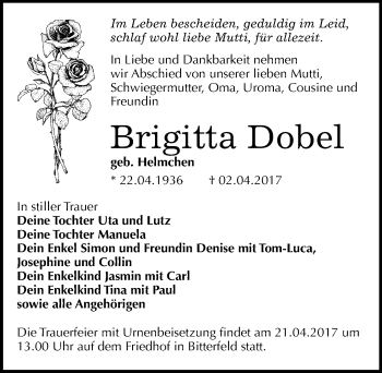 Traueranzeige von Brigitta Dobel von Mitteldeutsche Zeitung Bitterfeld