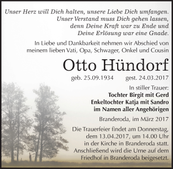 Traueranzeige von Otto Hündorf von Mitteldeutsche Zeitung Merseburg/Querfurt
