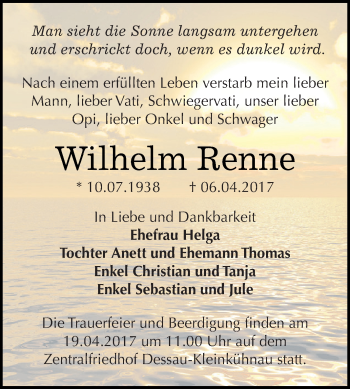 Traueranzeige von Wilhelm Renne von WVG - Wochenspiegel Dessau / Köthen