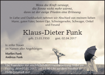 Traueranzeige von Klaus-Dieter Funk von Mitteldeutsche Zeitung Halle/Saalkreis