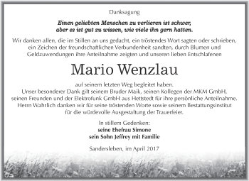 Traueranzeige von Mario Wenzlau von Super Sonntag SGH Mansf. Land