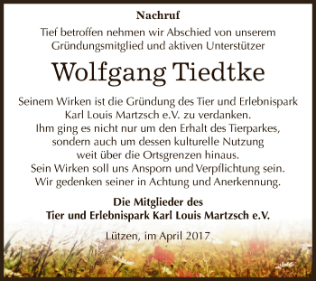 Traueranzeige von Wolfgang Tiedtke von WVG - Wochenspiegel NMB / WSF / ZTZ