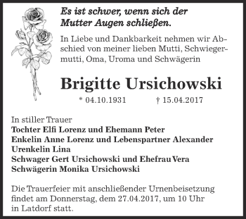 Traueranzeige von Brigitte Ursichowski von Super Sonntag Bernburg