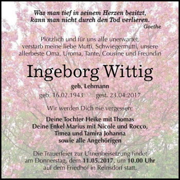 Traueranzeige von Ingeborg Wittig von WVG - Wochenspiegel Dessau / Köthen