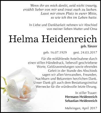 Traueranzeige von Helma Heidenreich von Super Sonntag Aschersleben