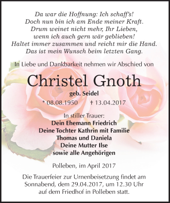 Traueranzeige von Christel Gnoth von Mitteldeutsche Zeitung Mansfelder Land