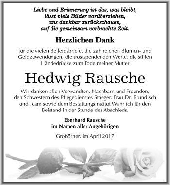 Traueranzeige von Hedwig Rausche von Mitteldeutsche Zeitung Mansfelder Land