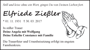 Traueranzeige von Elfriede Zießler von WVG - Wochenspiegel Bitterfeld