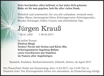Traueranzeige von Jürgen Krauß von WVG - Wochenspiegel SGH
