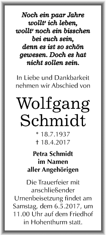 Traueranzeige von Wolfgang Schmidt von Mitteldeutsche Zeitung Halle/Saalkreis