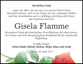 Traueranzeige von Gisela Flamme von WVG - Wochenspiegel NMB / WSF / ZTZ