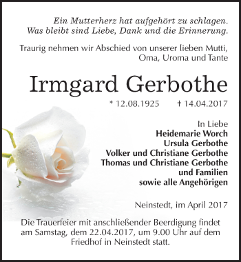 Traueranzeige von Irmgard Gerbothe von Mitteldeutsche Zeitung Quedlinburg