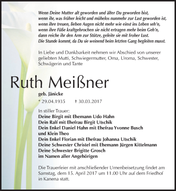Traueranzeige von Ruth Meißner von Mitteldeutsche Zeitung Halle/Saalkreis