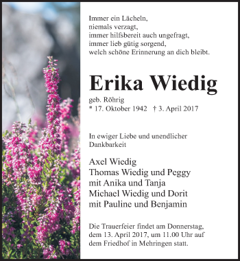 Traueranzeige von Erika Wiedig von Mitteldeutsche Zeitung Aschersleben