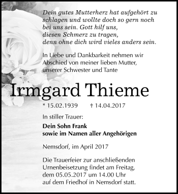 Traueranzeige von Irmgard Thieme von Mitteldeutsche Zeitung Merseburg/Querfurt