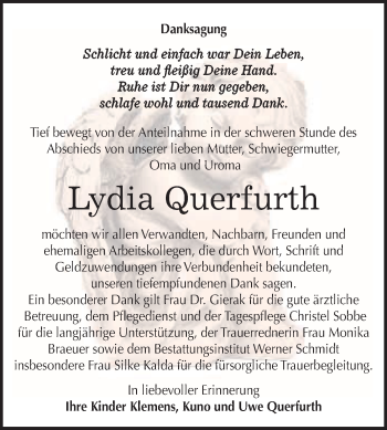 Traueranzeige von Lydia Querfurth von Super Sonntag Quedlinburg