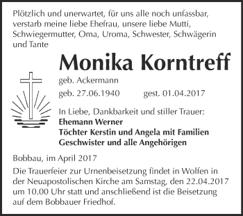 Traueranzeige von Monika Korntreff von WVG - Wochenspiegel Bitterfeld