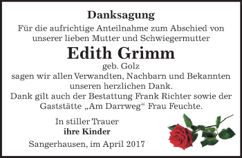 Traueranzeige von Edith Grimm von Mitteldeutsche Zeitung Sangerhausen